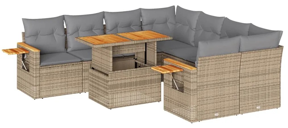 9 részes bézs polyrattan akácfa kerti ülőgarnitúra párnákkal