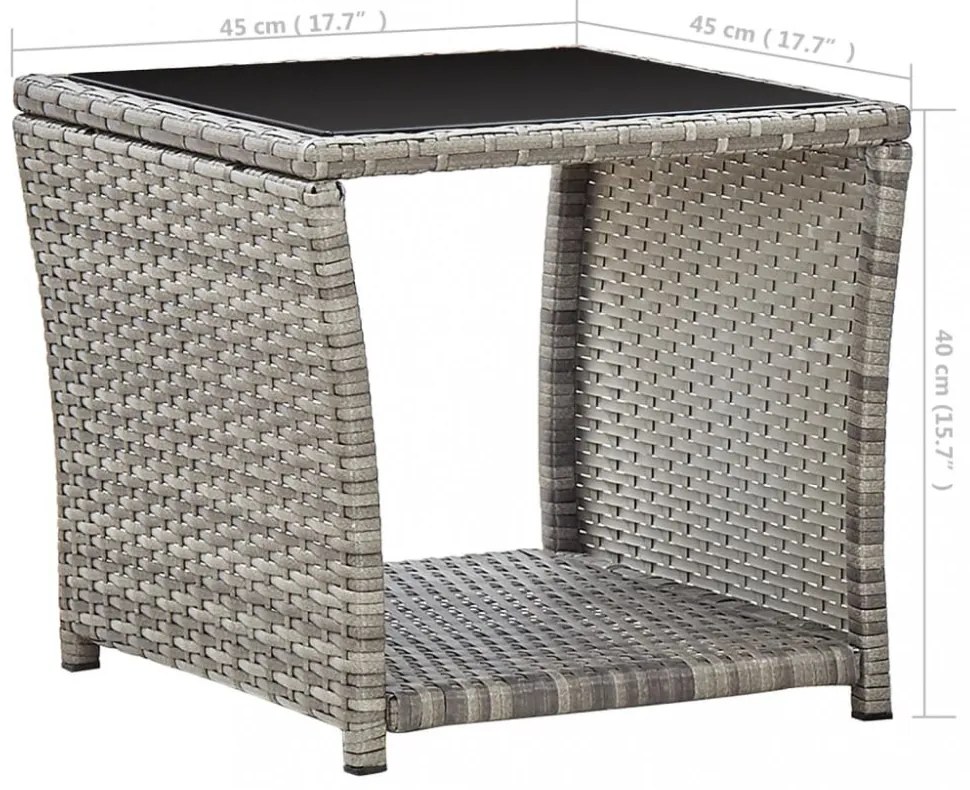 szürke polyrattan és üveg dohányzóasztal 45 x 45 x 40 cm
