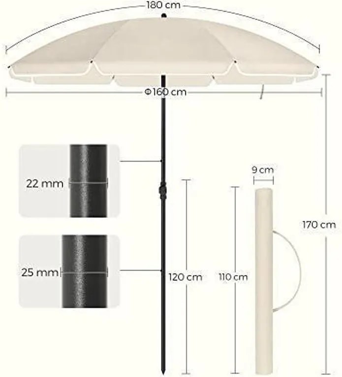 SONGMICS kerti napernyő, 160 cm, UPF 50+ UV-védelem, állítható magasságú