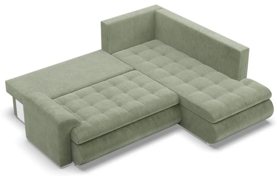 Tokio sarokkanapé, L alakú háttámlával, 2 ágyneműtartóval, kordbársony, jobboldali, zöld