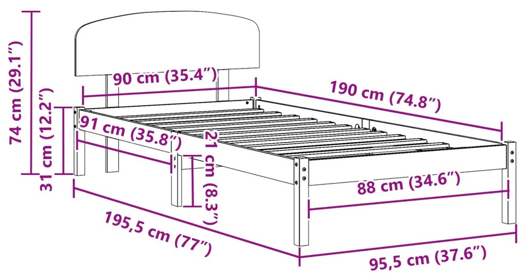 Ágykeret fejtámlával Fehér 90 x 190 cm Tömör fenyőfa