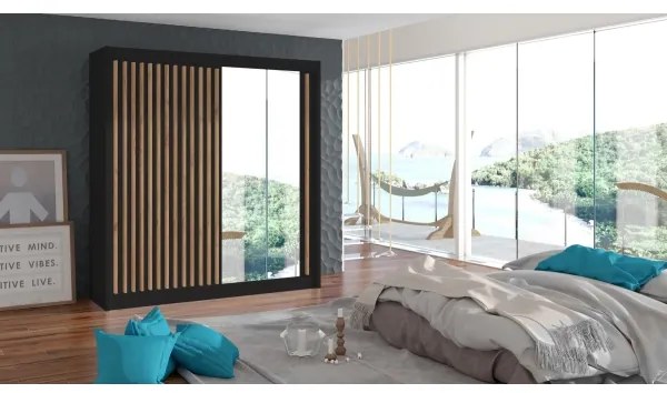 Tükrös gardróbszekrény SANTINO 203x215 cm fekete/craft tölgy