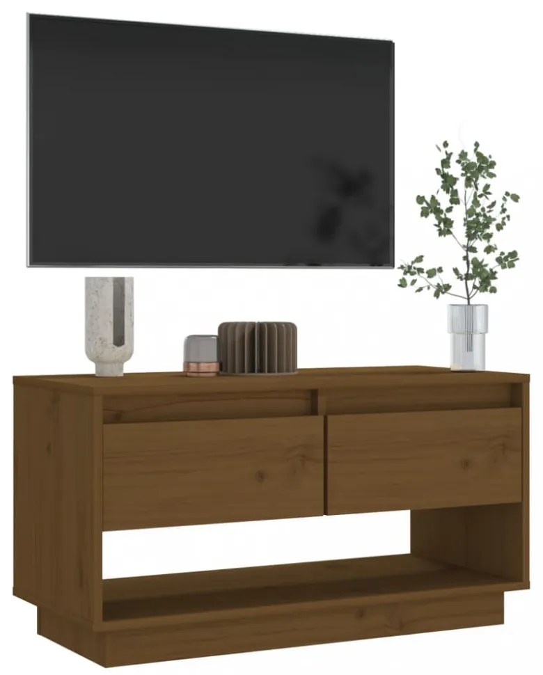 mézbarna tömör fenyőfa TV-szekrény 74 x 34 x 40 cm