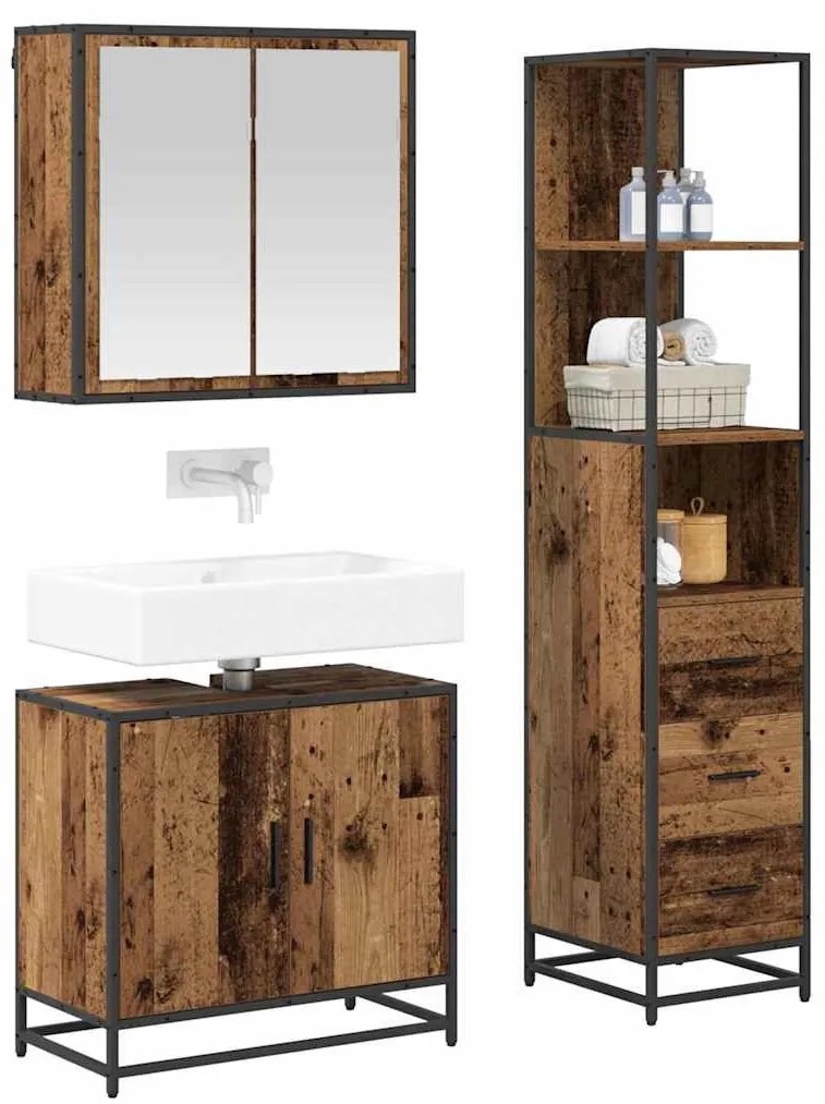 Fürdőszoba bútor szett 3 pcs Régi fa 65 x 33 x 60 cm Faanyag
