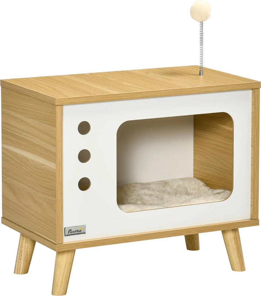 PawHut Macska Ház, TV-Alakú Macska Doboz Játék Gömbbel, Kaparó Szőnyeg, Belső Macska Barlang, Macska Szekrény, Macska Menedék, Macska Ágy 50 x 28 x 43