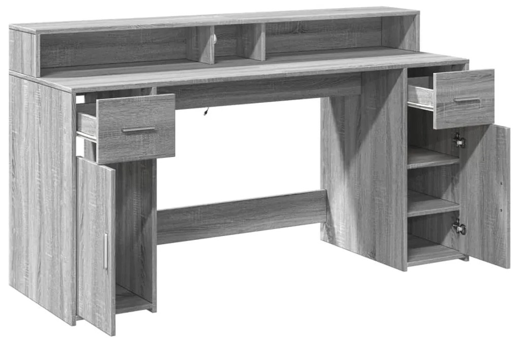 szürke sonoma színű szerelt fa íróasztal LED-ekkel 160x55x91 cm