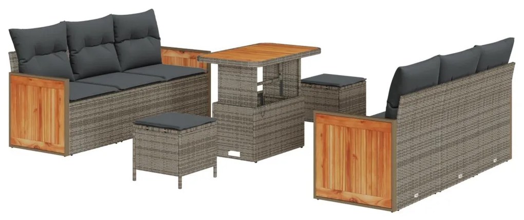 9 darabos kerti kanapé párnákkal szürke poli rattan akáccal, 2 személyes kerti kanapé párnákkal szürke poli rattan, 3 darabos kerti étkező szett párnákkal szürke poli rattan akáccal
