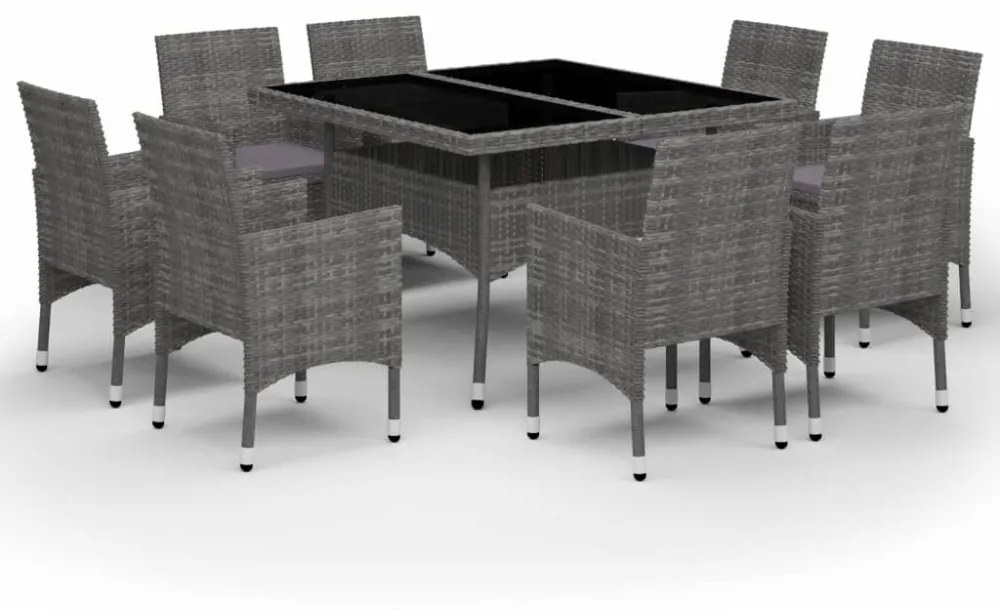 9 részes szürke polyrattan és üveg kerti étkezőgarnitúra