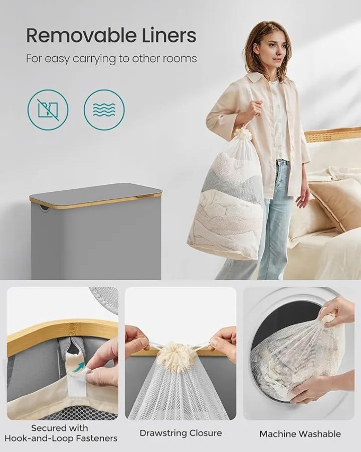 Szennyeskosár fedéllel, 3 rekeszes, 150 L, kivehető zsák, 60 x 38,5 x 70,5 cm, szürke