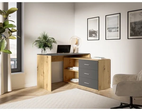 Íróasztal fiókokkal és univerzális jobb/bal sarokmegoldással JULES, artisan tölgy/antracit