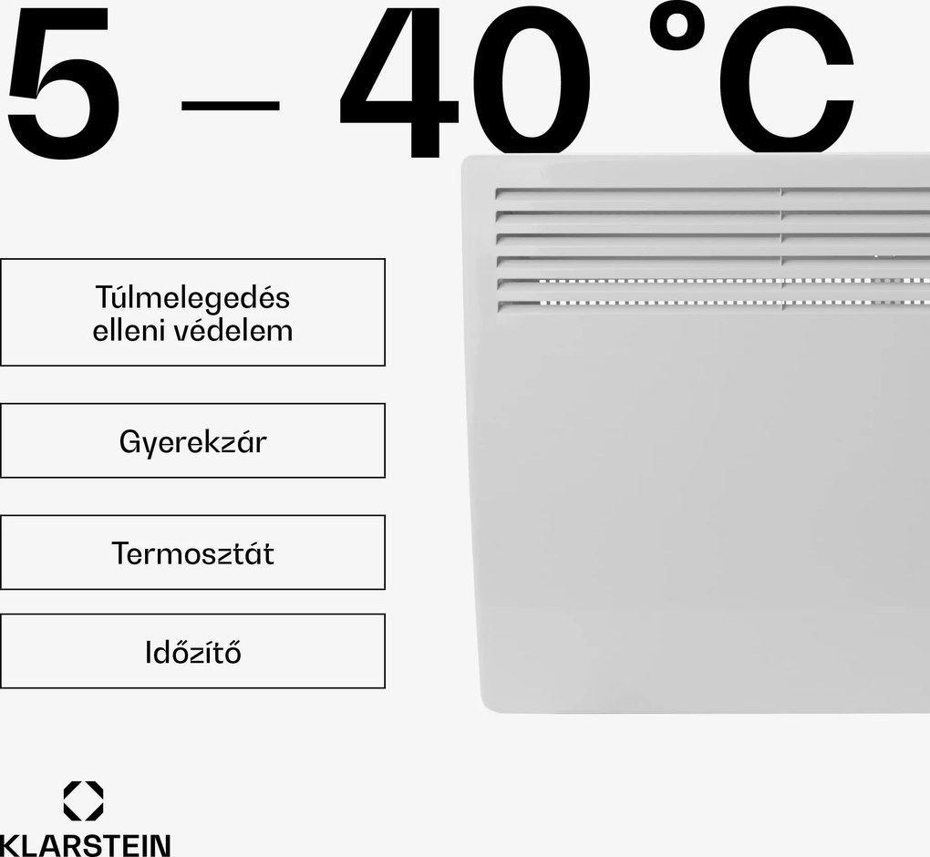 Klarstein Hot Spot Slimcurve, konvektor, fűtőtest, 80 x 40 cm, 20 m², 2000 W, 5 - 40 °C, IP24, fehér