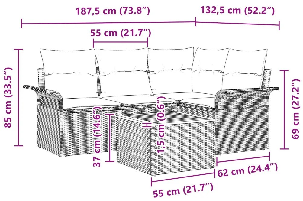 5 Részes Kertibútor Szett Párnákkal Bézs Poli Rattan Akác