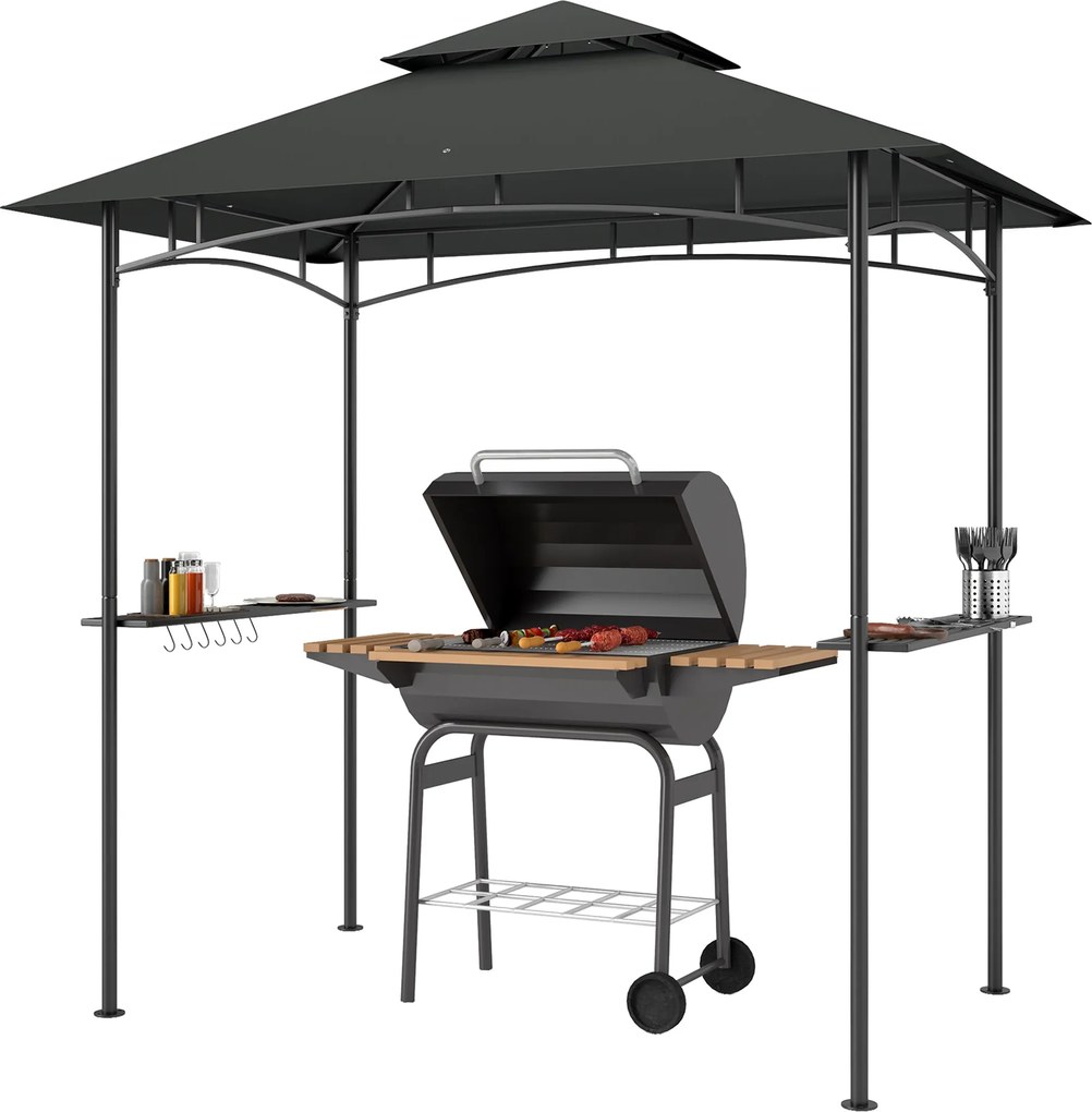 Outsunny BBQ Pavilon LED-del, vízálló, tűzálló, 240 x 150 x 258 cm-es kertipavilon, dupla rétegű sátorral, oldalsó polcokkal, UV védelemmel ellátott k