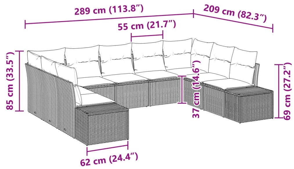 9 részes kerti kanapé szett párnákkal - Világosszürke poli rattan