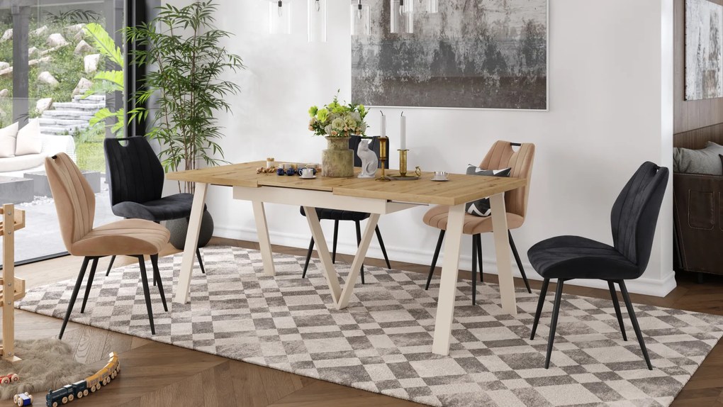 Mazzoni AVERY Artisan Tölgy/alja bézs (pezsgő) - BŐVÍTHETŐ LOFT/IPARI STÍLUSÚ ASZTAL NAPPALIBA/ÉTKEZŐBE - 2 MÉRET!