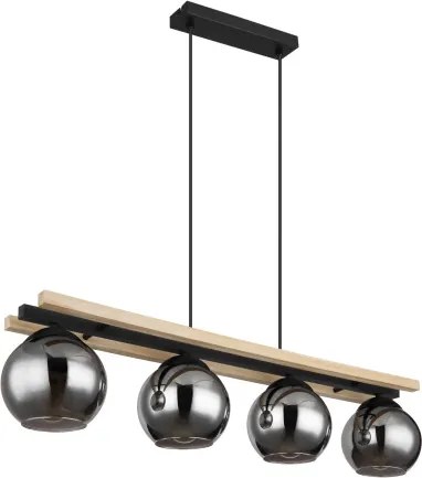 Globo 15569-4H Függeszték fém matt fekete, natúr fa, füstszínű üveg, fekete PVC kábel, magassága lerövidíthető (függőlámpa), HxSzxM: 850x150x1200mm, nem tartozék: 4x E27 25W 230V