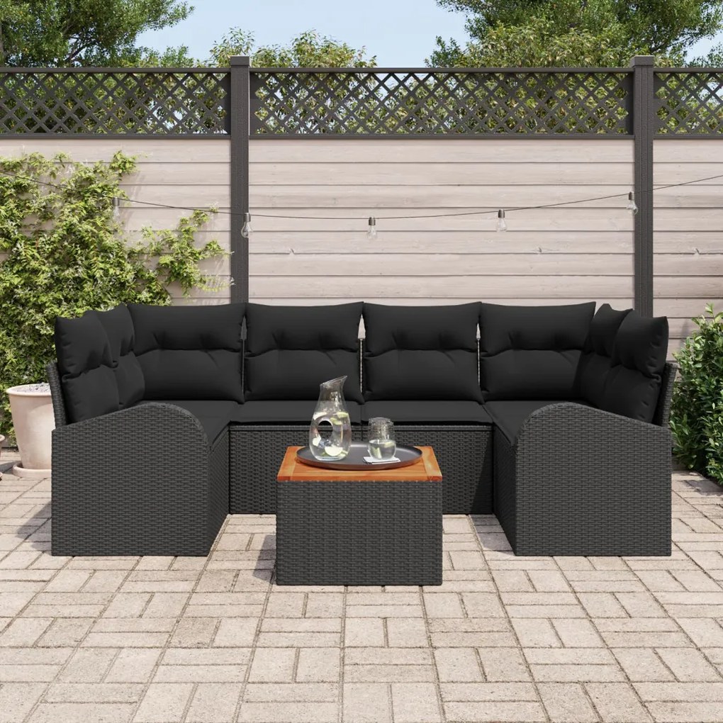 7 Darabos Kert Sofa Szett Párnákkal Fekete Poli Rattan Akác