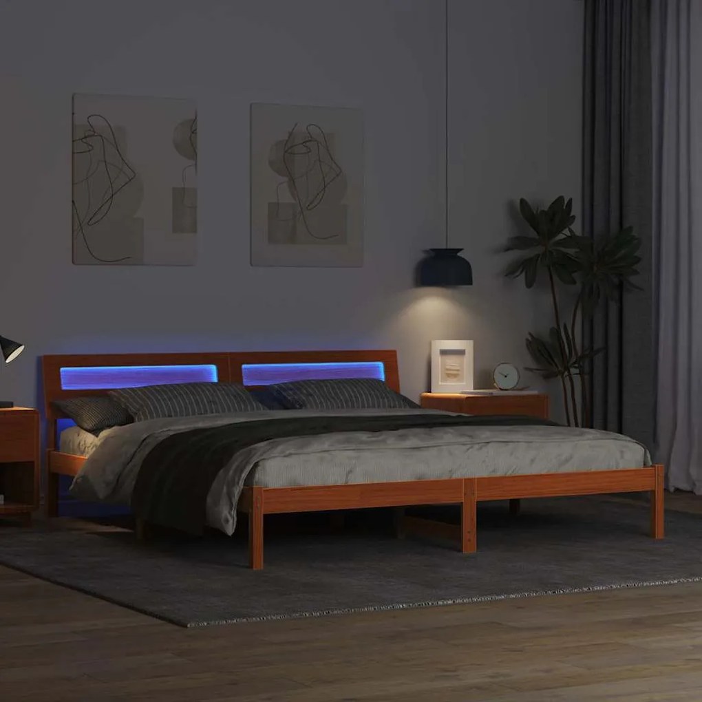 Ágykeret LED -es lámpákkal Barna 200 x 200 cm Tömör fa