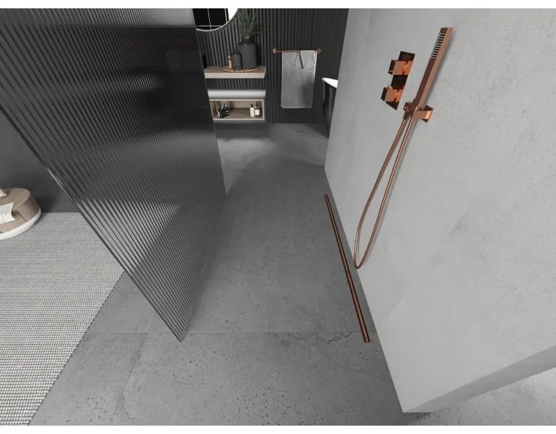 Mexen Kioto, Walk-In zuhanyparaván 110 x 200 cm, 8 mm-es üveg bordás mintával, rózsa arany profil, 800-110-002-60-09