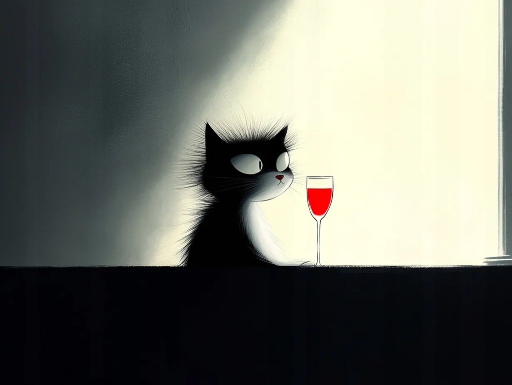 Vászonkép Canvas Grafika Rajzfilm Fekete Macska Bor Pohár 80x60
