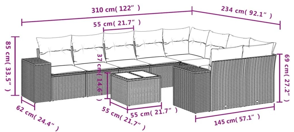 10 részes bézs polyrattan kerti ülőgarnitúra párnával