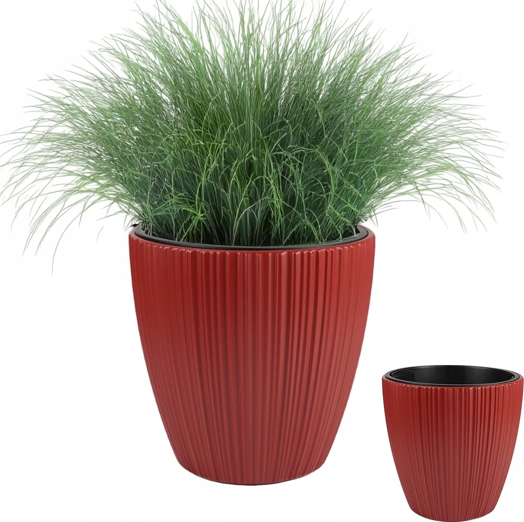 Kerti Kaspó Kerek 35X35 CM, Bordázott Betéttel, Piros Teraszra