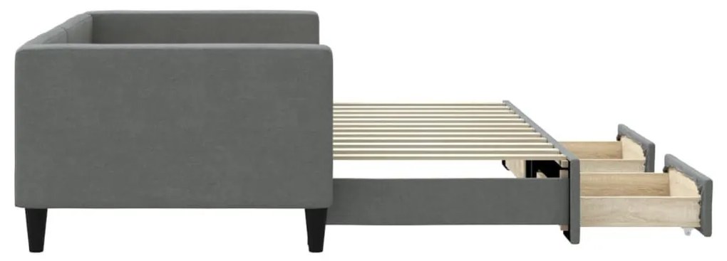sötétszürke kihúzható szövet heverő fiókokkal 90 x 200 cm