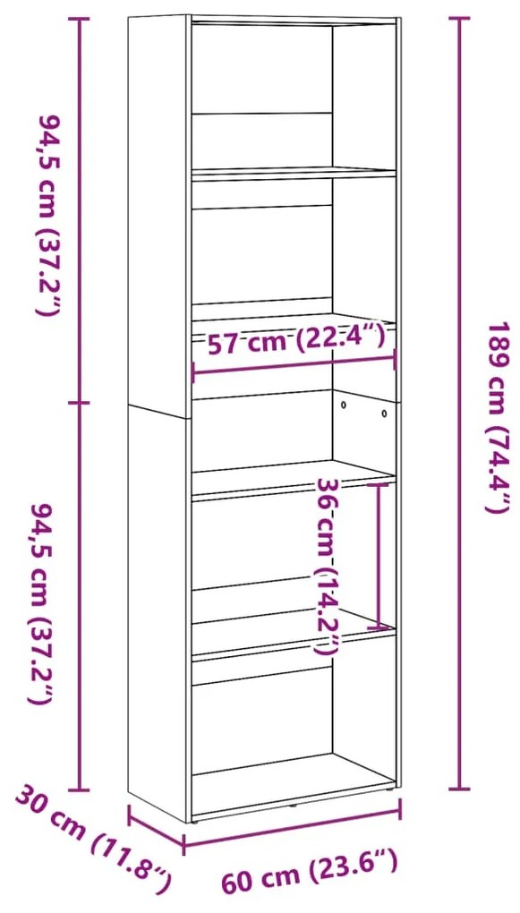 betonszürke szerelt fa könyvespolc 60 x 30 x 189 cm