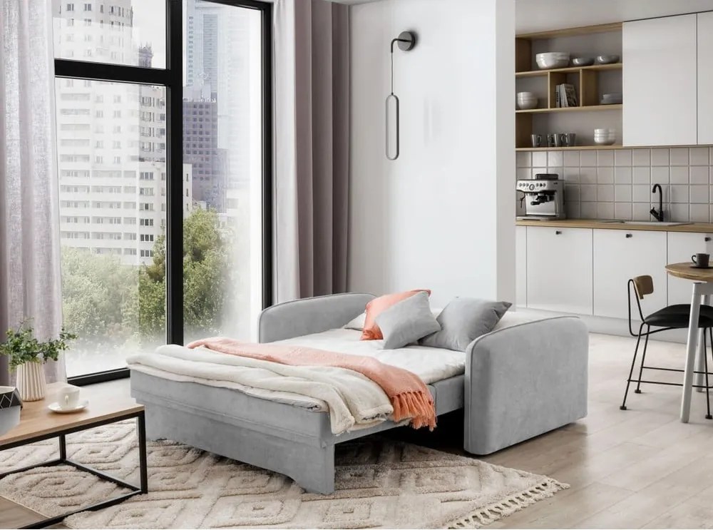 Világosszürke zsenília kinyitható-tárolóhelyes kanapé 155 cm Laine – ELTAP