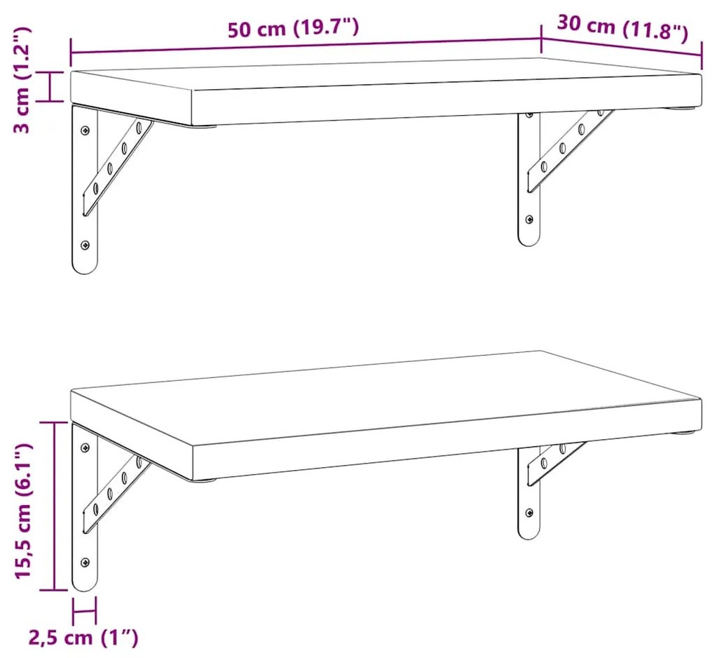2 db fekete rozsdamentes acél fali polc 50 x 30 cm