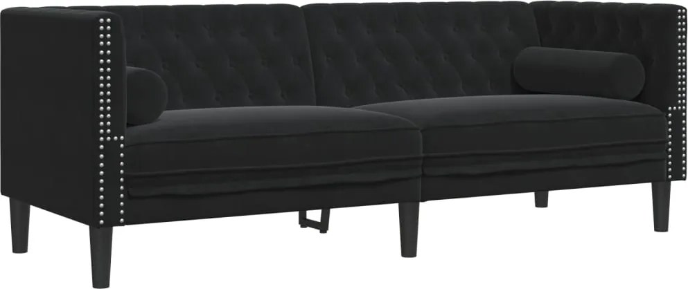 vidaXL 3 személyes fekete bársony Chesterfield kanapé hengerpárnákkal