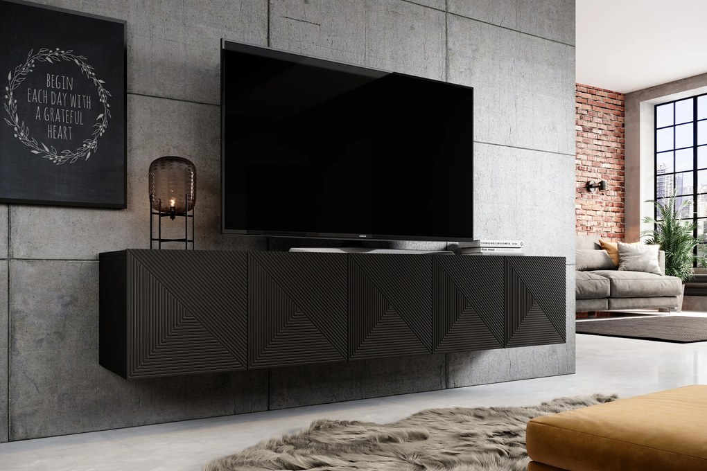 Asha falra szerelhető TV szekrény 200 cm, bordázott előlap - matt fekete