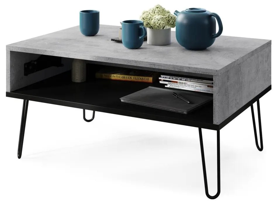 HALIJA dohányzóasztal emelhető asztallappal és polccal, beton szürke/fekete