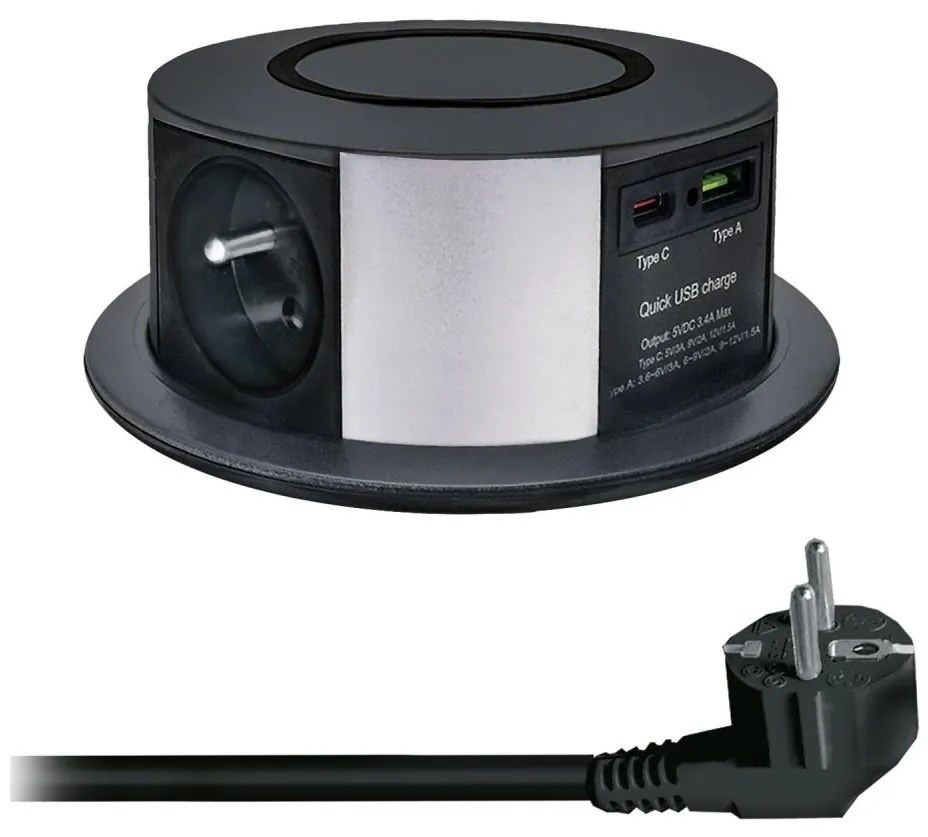 Solight PP120CW-PD20-B asztali oszlop 3x230V+1xUSB-A+1xUSB-C Qi-val