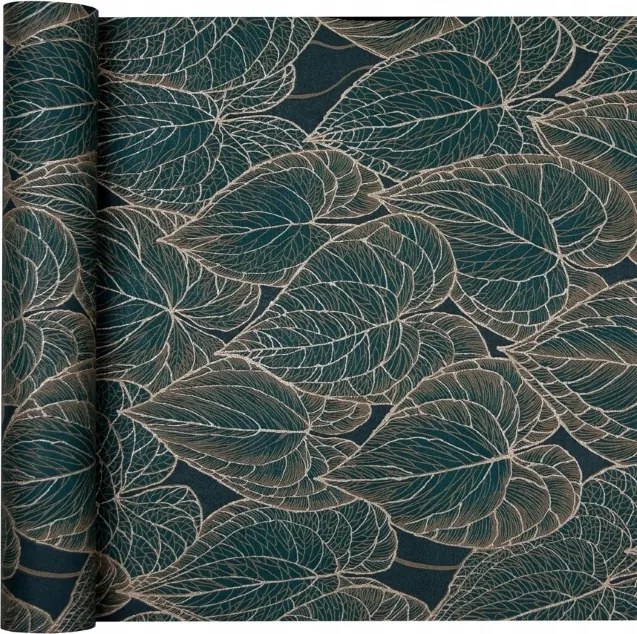 Tapéta Zöld Arany Levelek Sötét Háttér 3D Hatás Flizelina