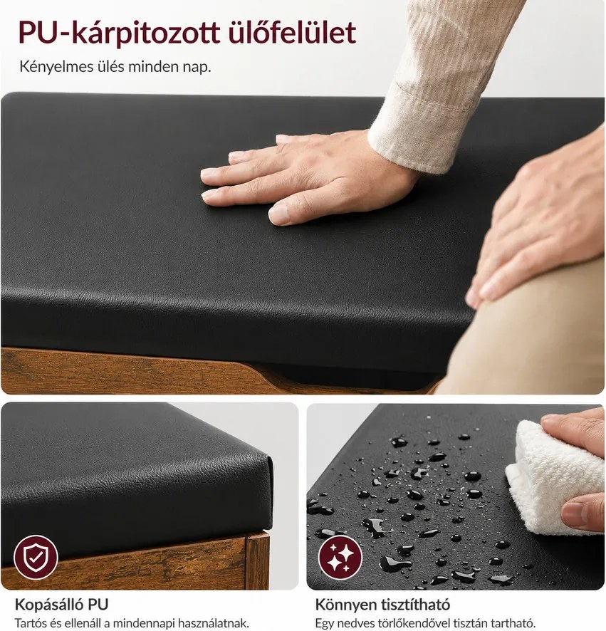 Cipőpad párnázott ülőfelülettel, 3 nyitott rekesszel és rejtett tárolóhellyel, 80 x 30 x 44 cm, 150 kg teherbírással, rusztikus barna