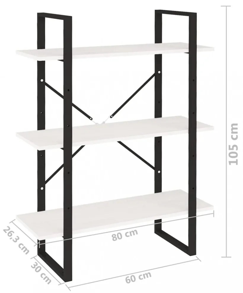 háromszintes fehér tömör fenyőfa könyvszekrény 80 x 30 x 105 cm