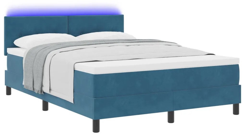 Boxspring Ágy Matrace és LED világítással Sötét Kék 140x190 cm Bársony