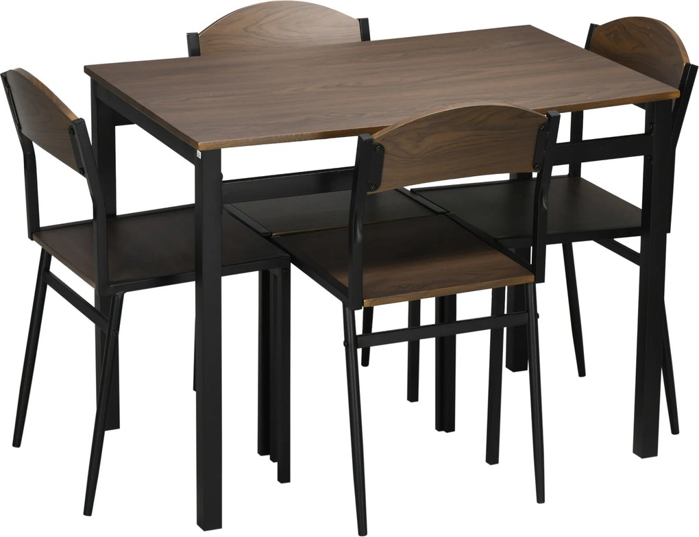 HOMCOM 5 Részes Étkező Garnitúra 1 Téglalap Alakú Asztallal (100x63x76.5 cm) és 4 Székkel (45x40x82 cm), Fém és MDF Anyagból, Fekete és Barna | Aosom