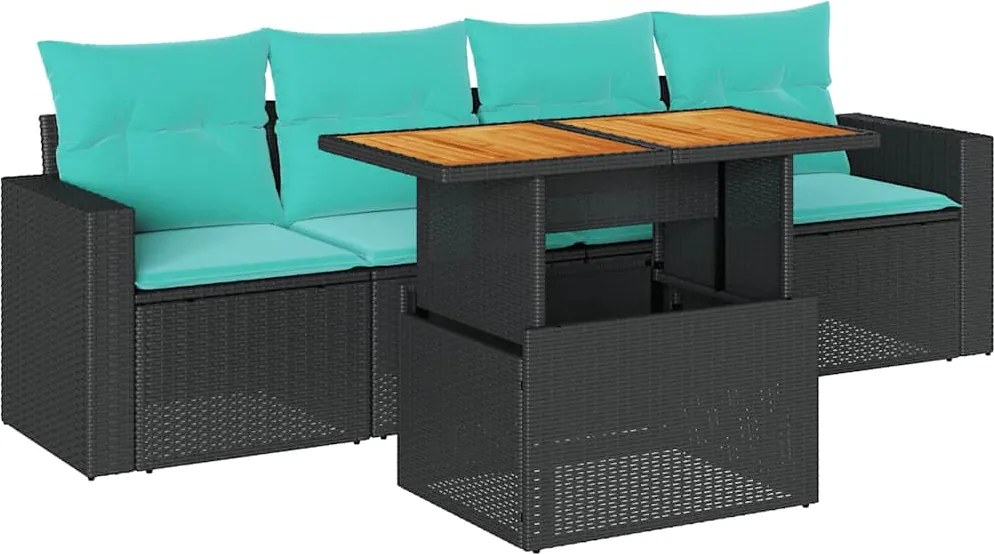 vidaXL 5 részes fekete polyrattan kerti kanapészett párnákkal
