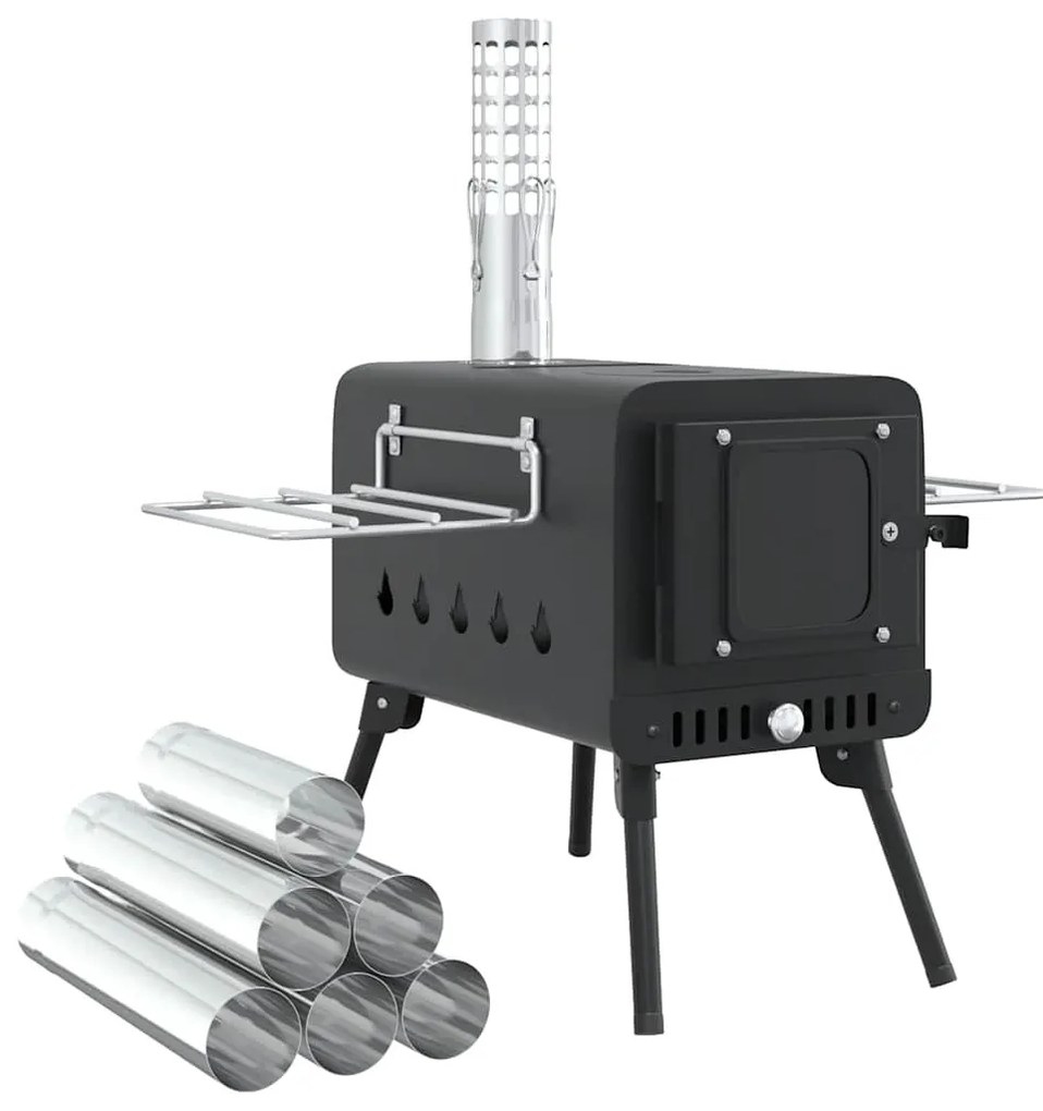 fekete acél sátorkályha kéménnyel és összecsukható lábakkal