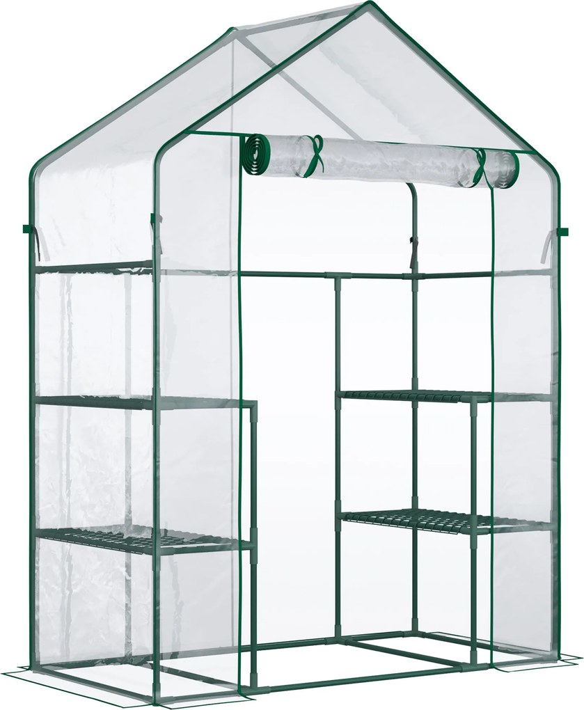 Outsunny Sétáló Üvegház Paradicsom Üvegház Hidegkeret 6 Polccal Átlátszó Acél PVC Műanyag 142 x 73 x 195 cm | Aosom