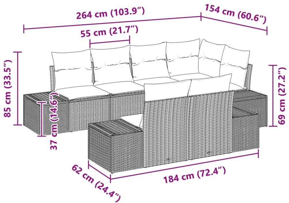 7 darabos Kert Kanapészett párnákkal Szürke Poli Rattan