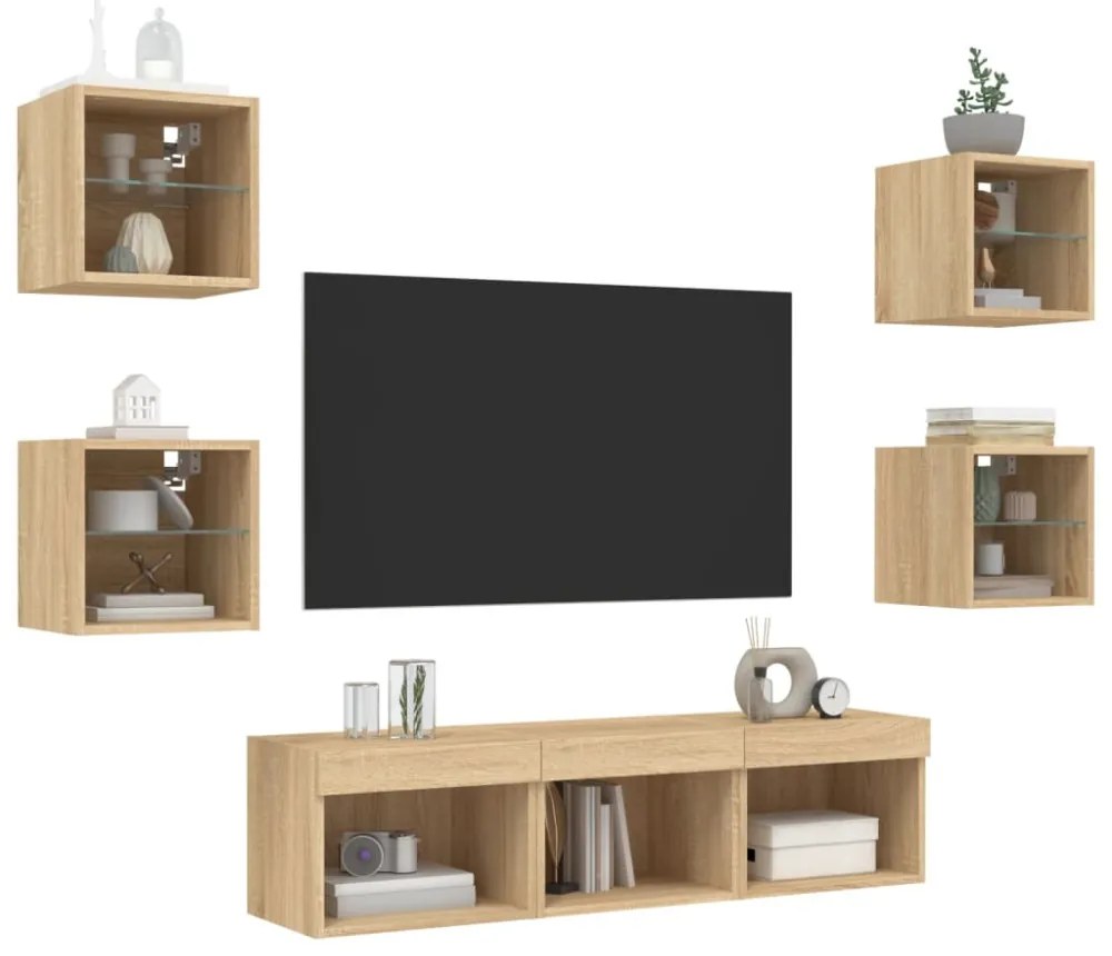 7 darab füstös tölgy színű szerelt fa TV-bútor LED-del