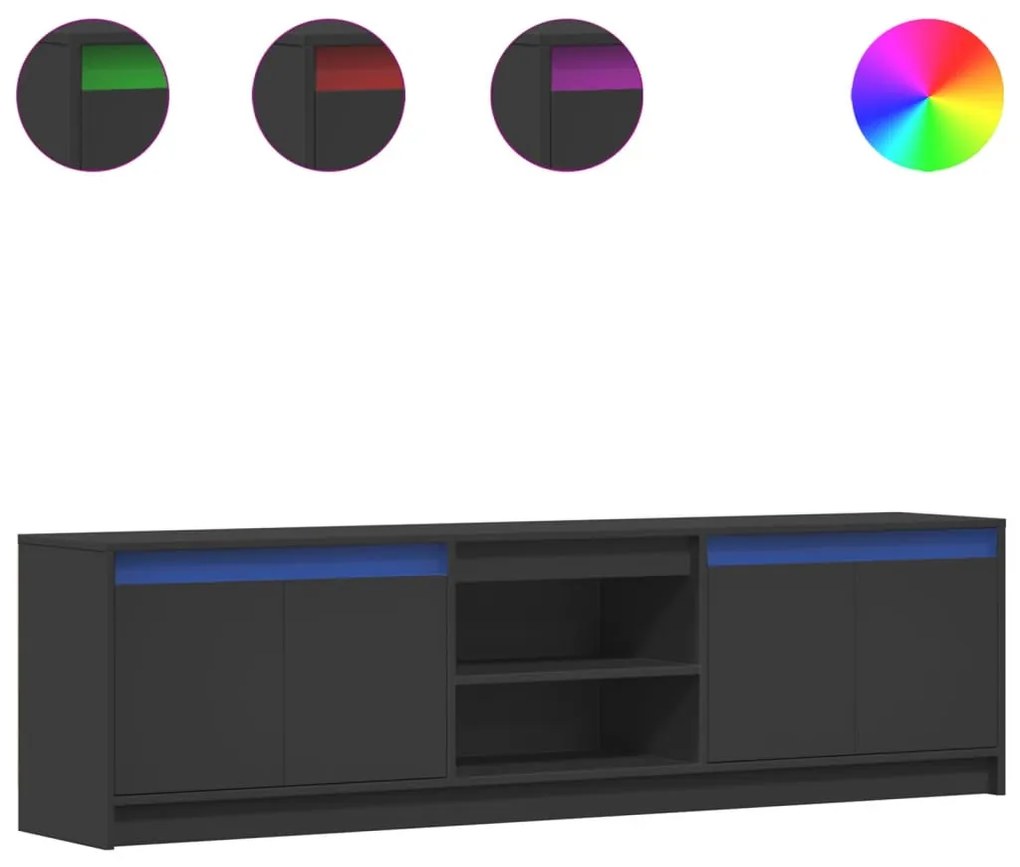 fekete szerelt fa TV-szekrény LED-ekkel 180 x 34 x 50 cm