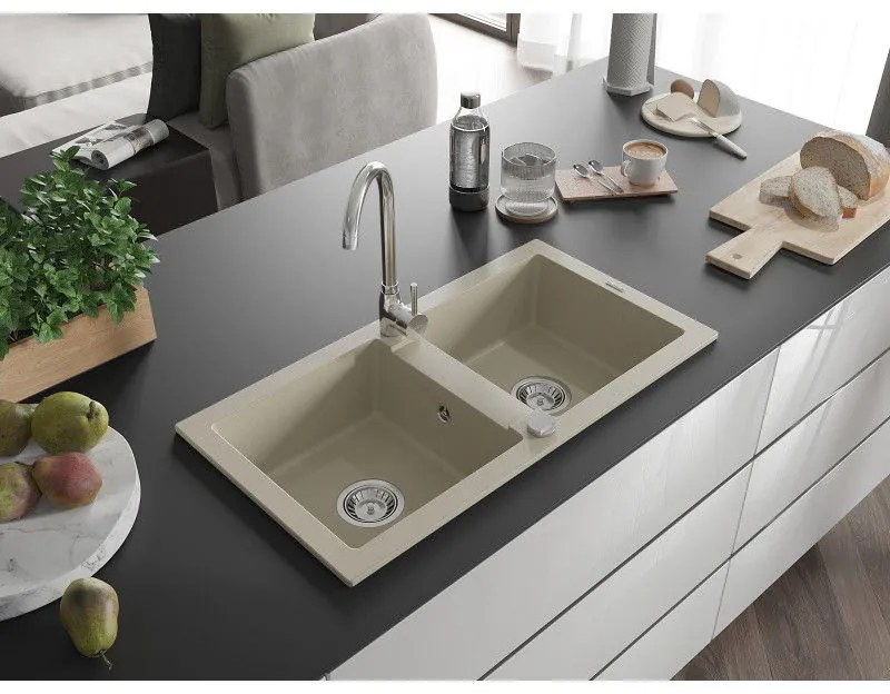 Mexen Mario, 2 kamrás gránit mosogató 820x436x161 mm és Telma króm mosogató csaptelep, bézs, 6504-69-670200-00