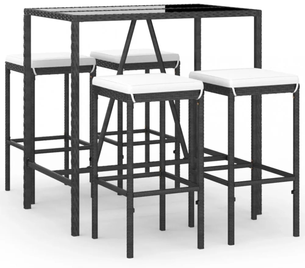 5 részes fekete polyrattan kerti bárszett párnával