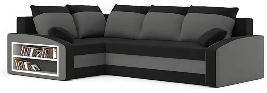 Grande sarokkanapé polcokkal , polc a bal karfaban, baloldali, szövet anyag, bonell töltet, fekete - szürke