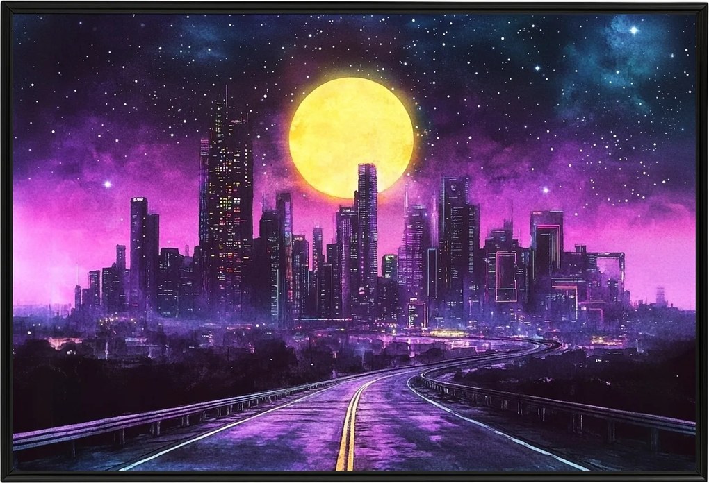 Poszter Alumínium Keret Cyberpunk Synthwave Város Felhőkarcolók Út 60x40