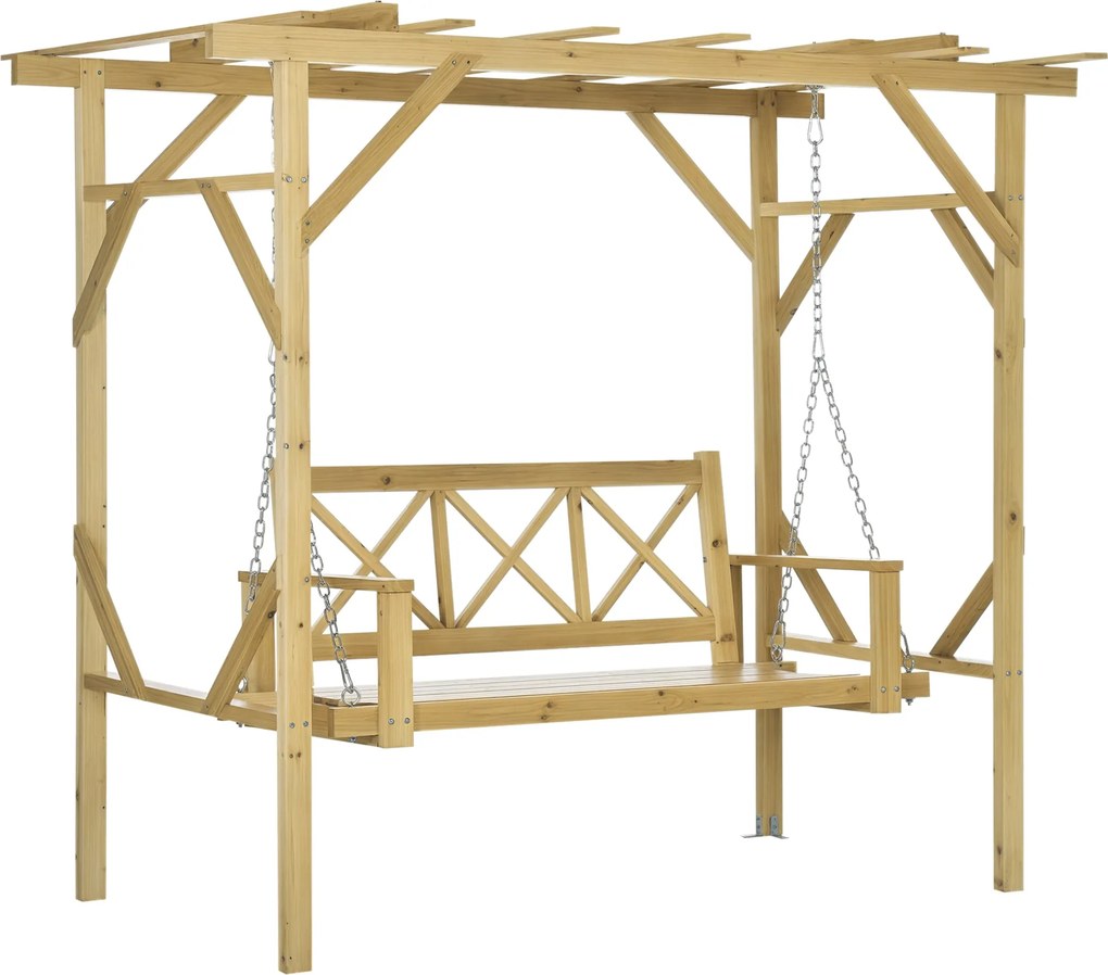 Outsunny Hollywood Swing Pad Pergolával, 2-Fős Kerti Hintaágy, Időjárásálló Pad Kerthez, Erős Fa, Természetes, 221 x 140 x 196 cm | Aosom